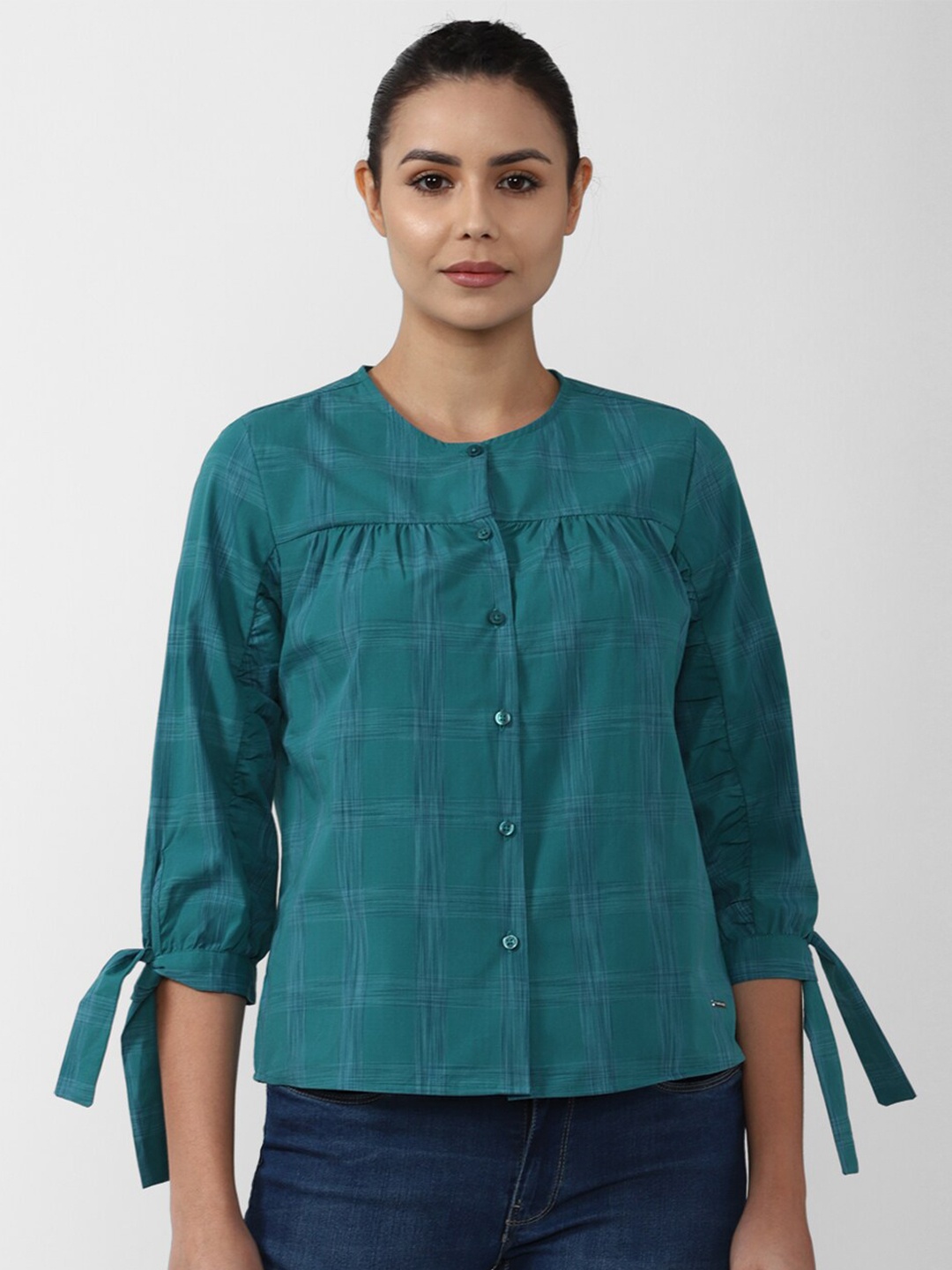 

Van Heusen Woman Blue Checked Shirt Style Top