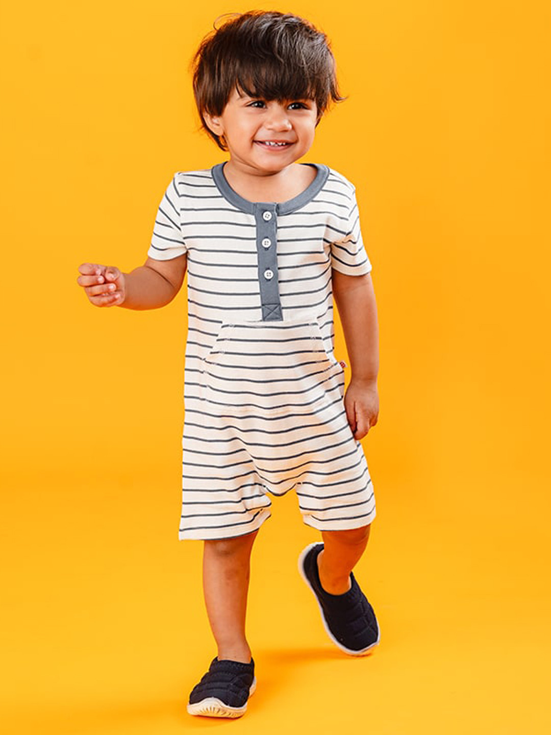

GREENDIGO Boys Blue & White Striped Organic Cotton Romper