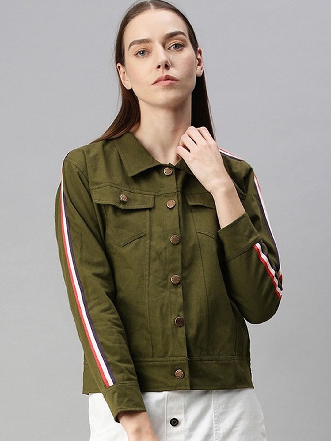 

VOXATI Women Olive Green Crop Denim Jacket
