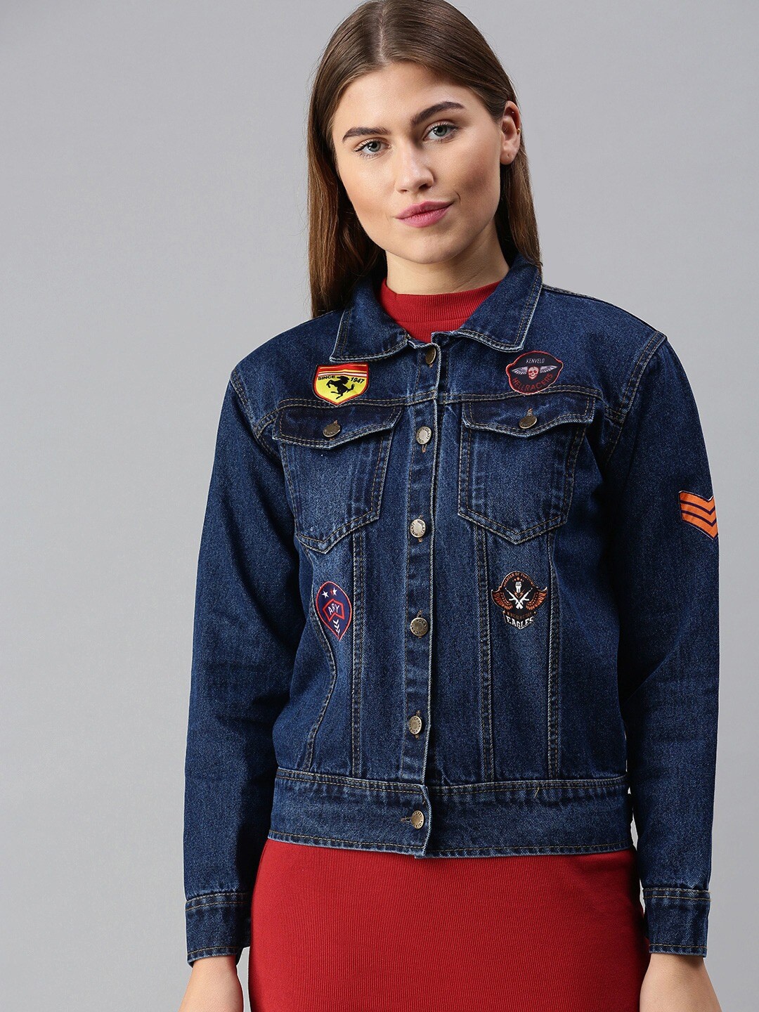 

VOXATI Women Blue Washed Denim Jacket with Patchwork