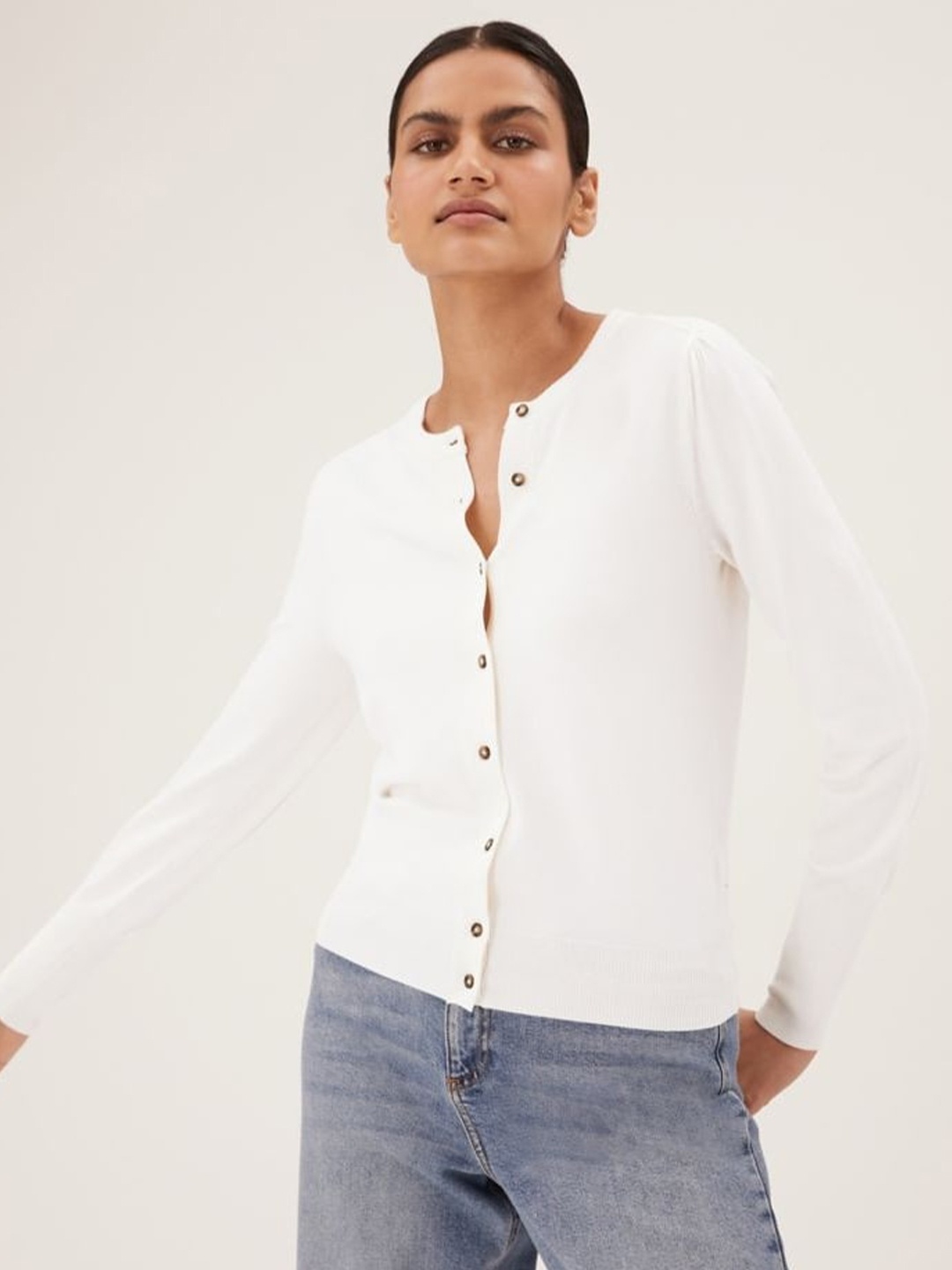 

Marks & Spencer Women Cream-Coloured Cardigan