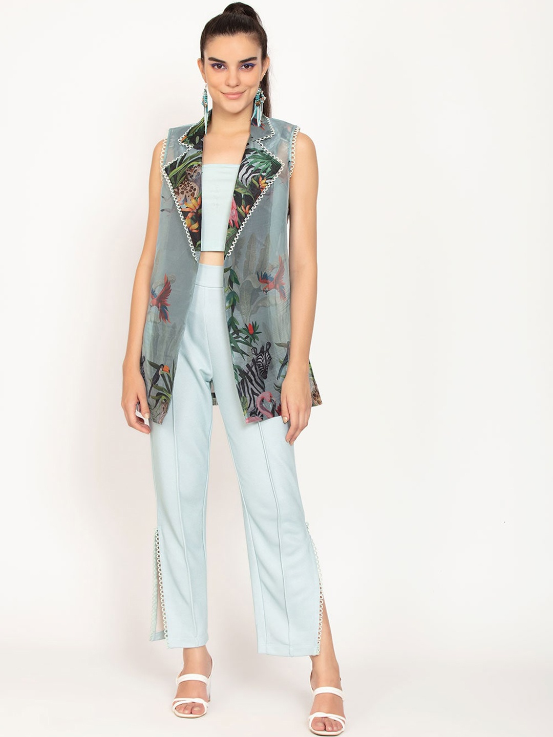 

iki chic Women Green & Grey Printed Organza Shirt with Trousers