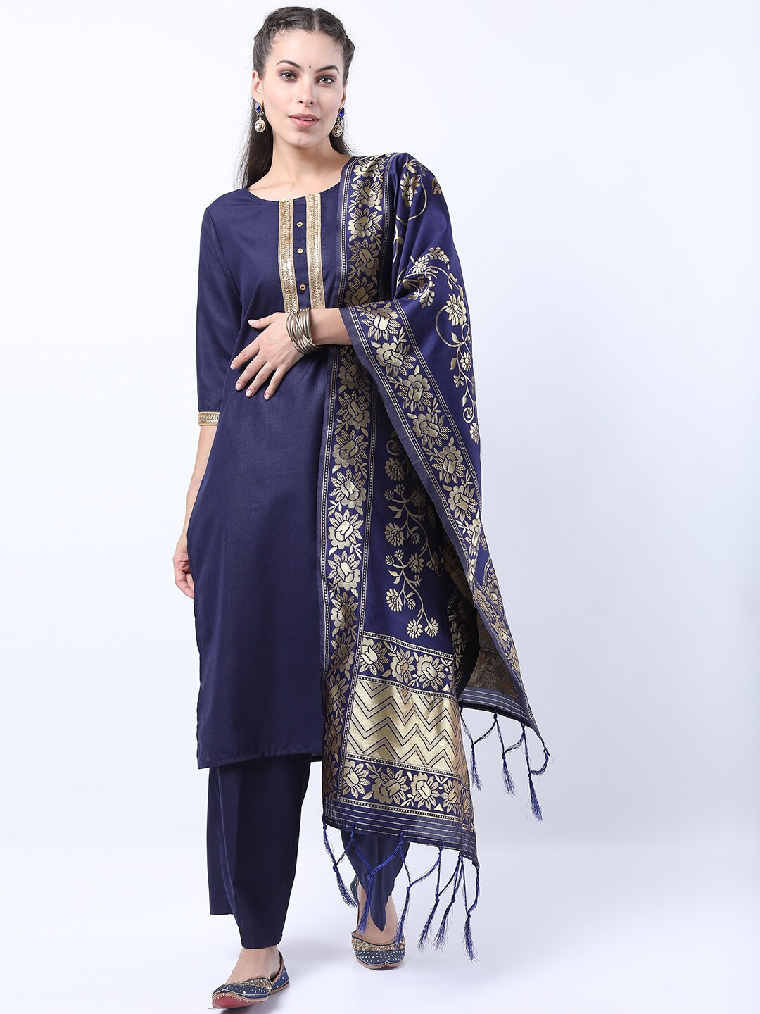 

KETCH Women Navy Blue Yoke Design Layered Kurta with Palazzos & With Dupatta