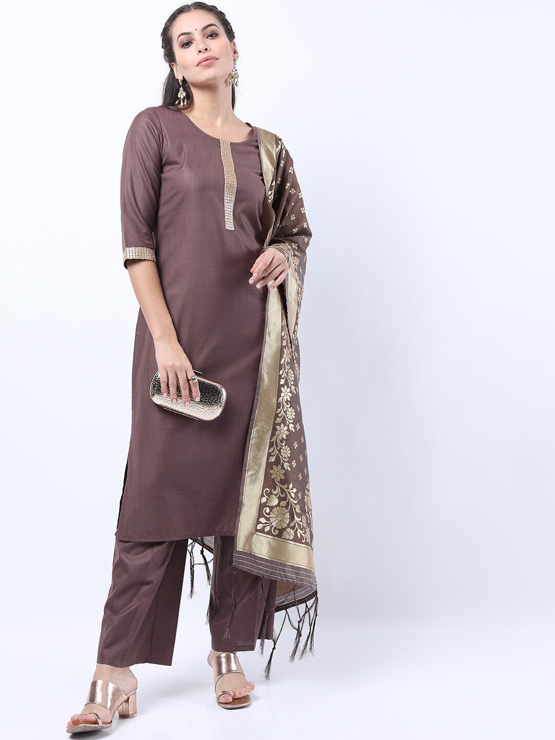 

KETCH Women Brown Solid Kurta with Palazzos & With Dupatta