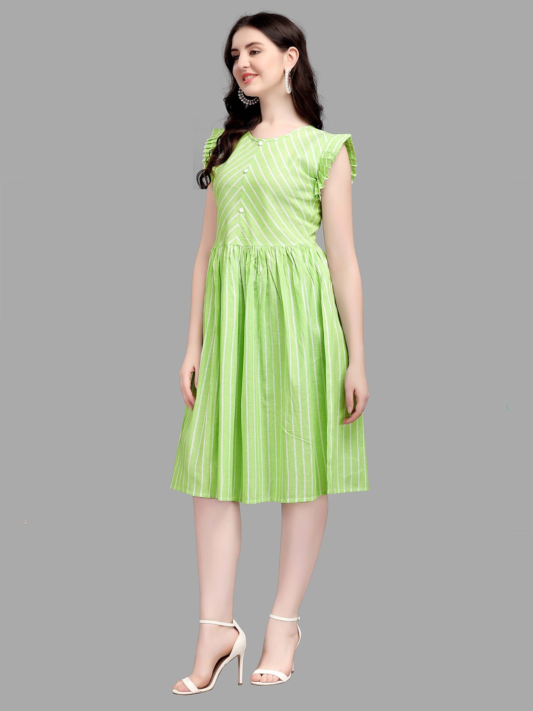 

Kinjo Women Lime Green & White Striped Fit & Flare Dress