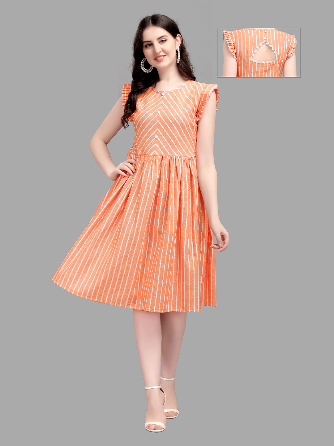 

Kinjo Orange & White Striped Casual Fit and Flare Dress