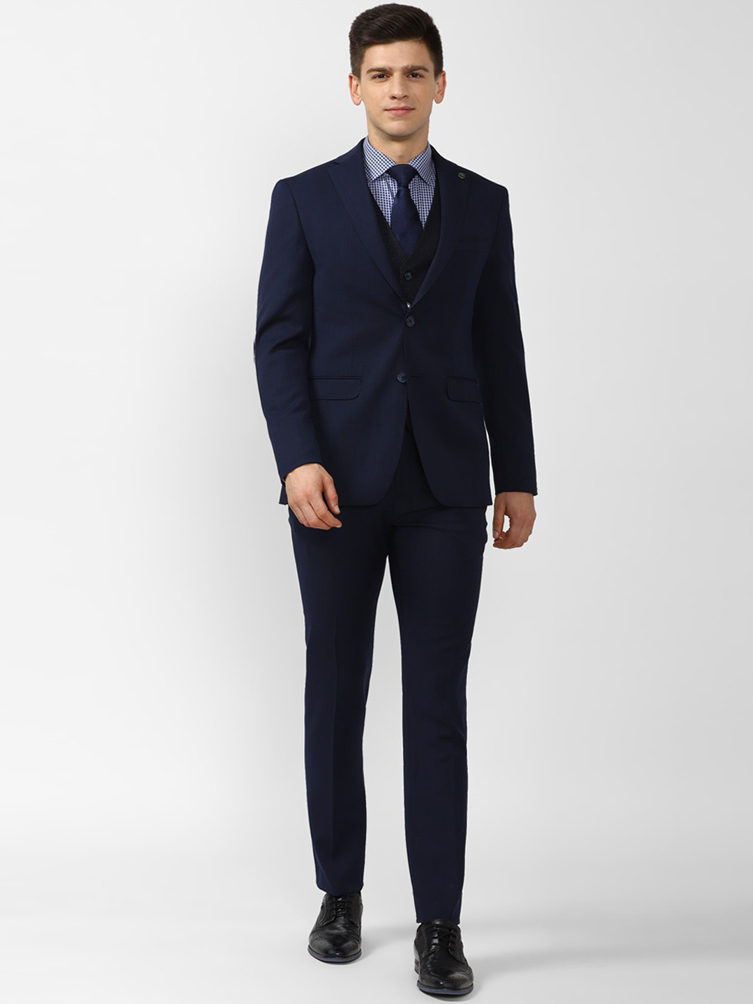 

Peter England Elite Men Navy Blue Solid Slim Fit 3 Piece Formal Suits