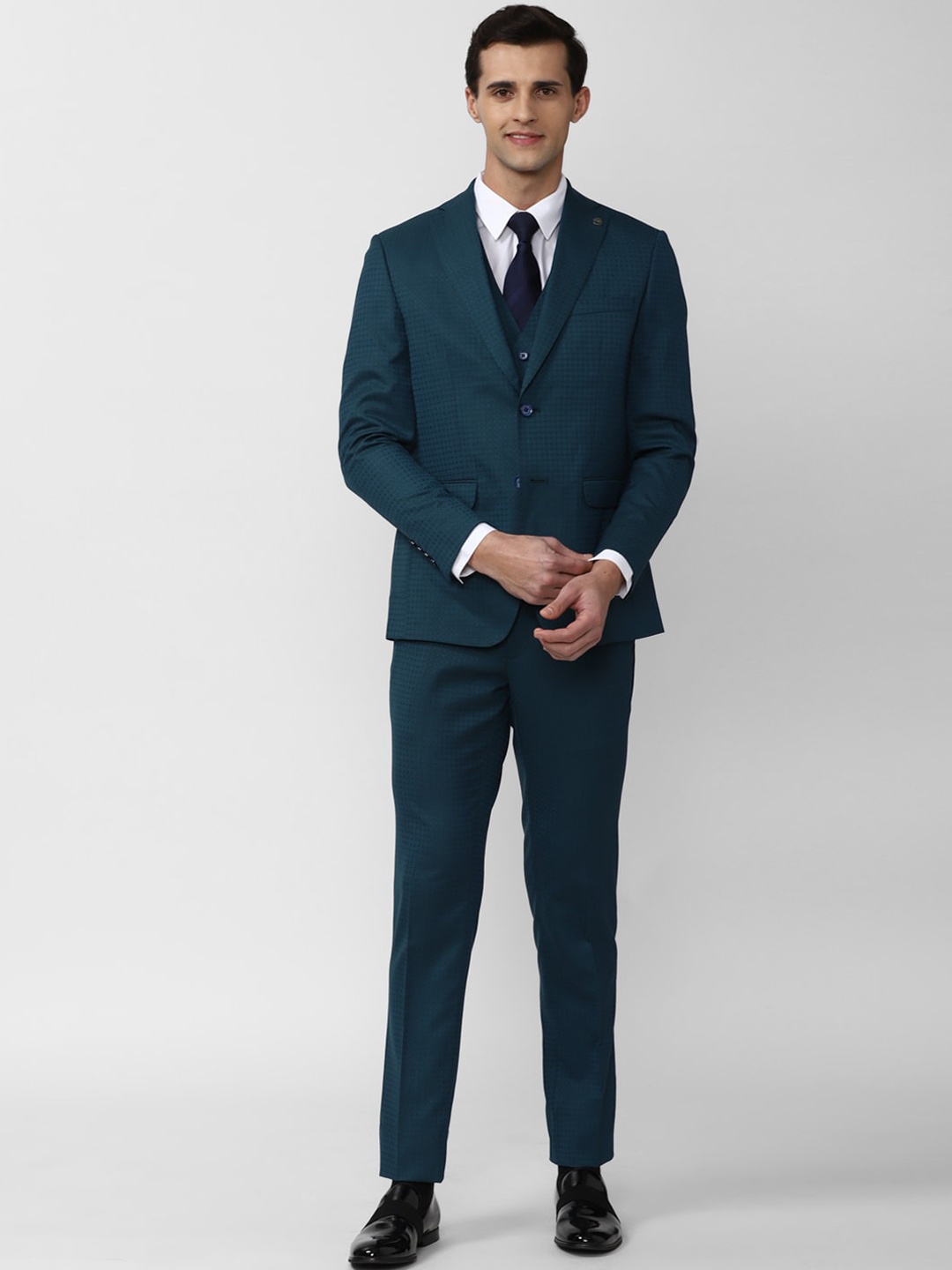 

Peter England Elite Men Navy Blue Self Design Slim Fit 3 Piece Formal Suits