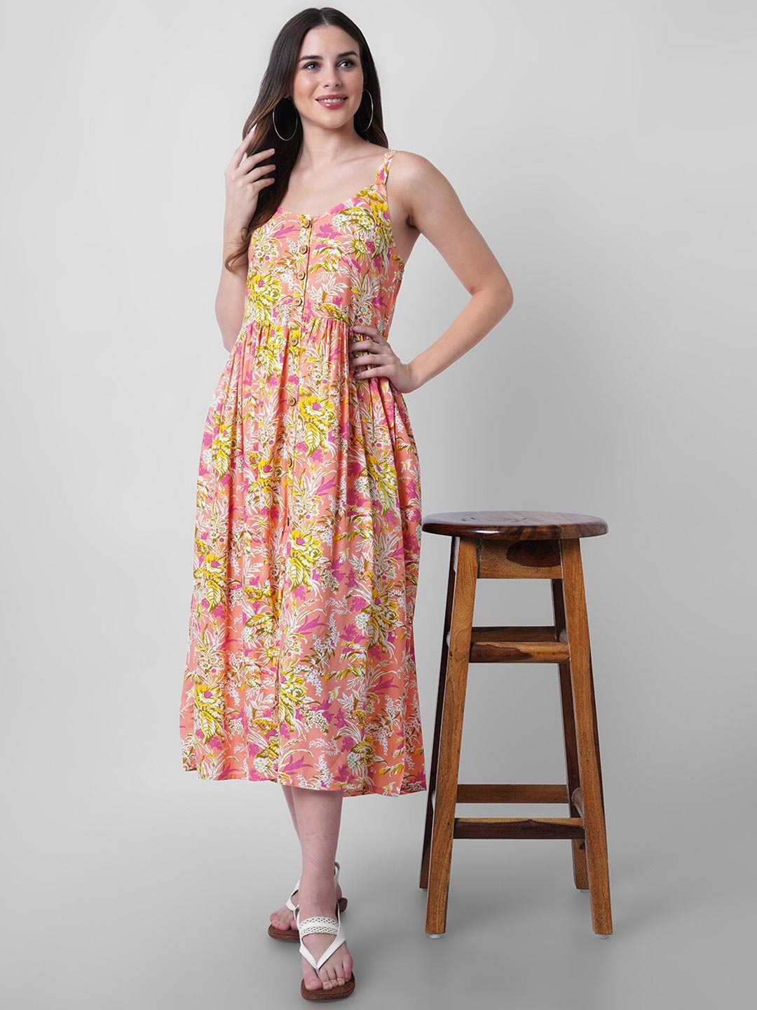 

Mollar Women Peach & Pink Floral Printed Fit and Flare Dress