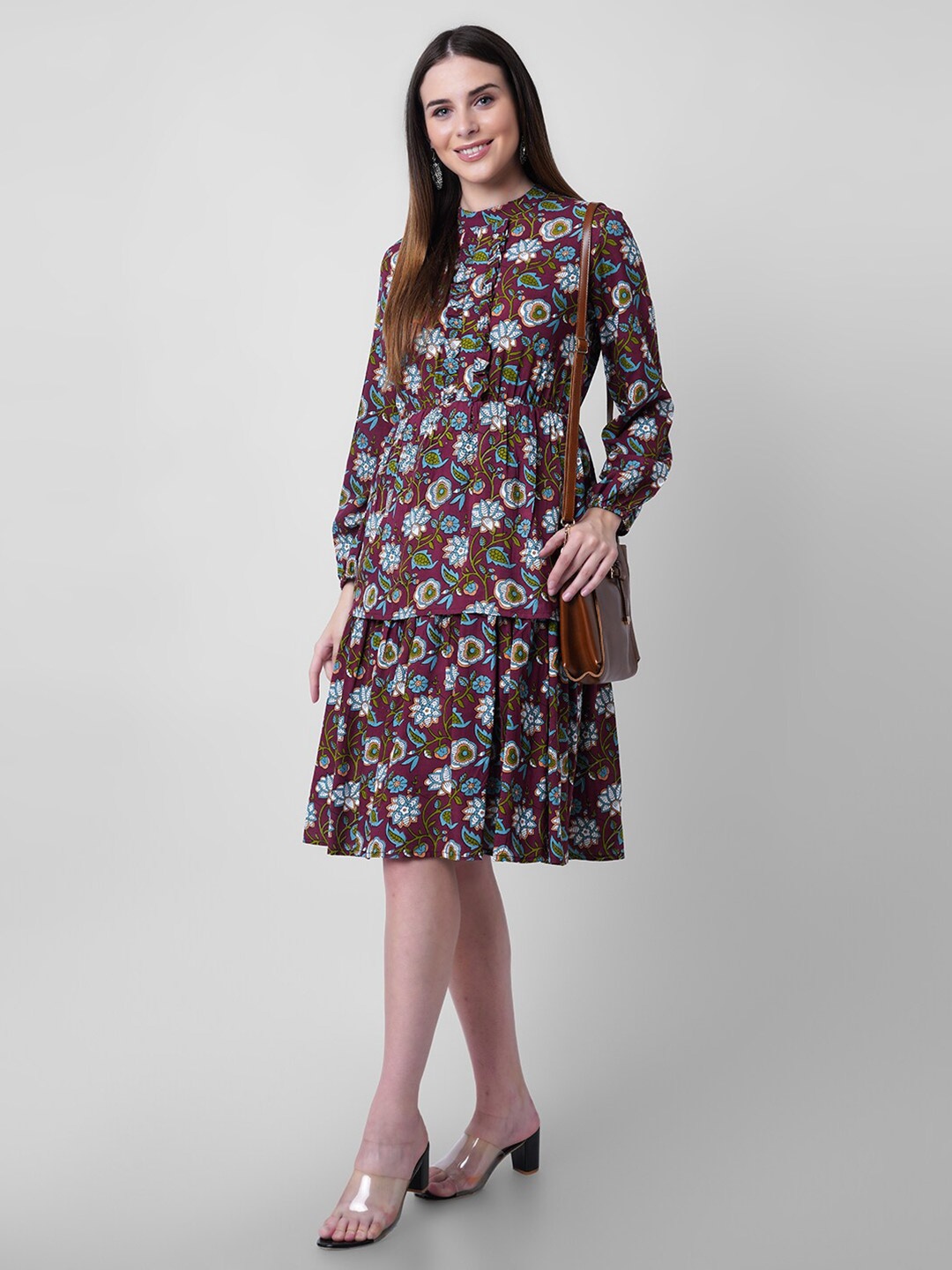

Mollar Maroon & White Floral Keyhole Neck Layered Fit and Flare Dress