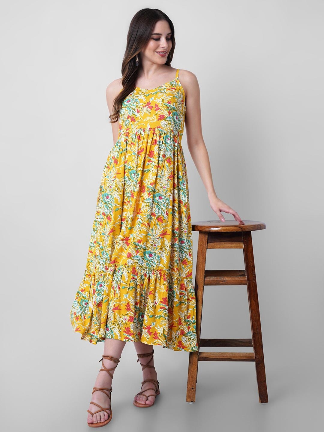 

Mollar Women's Rayon Floral Print Fit and Flare A-Line Maxi Dress, Yellow