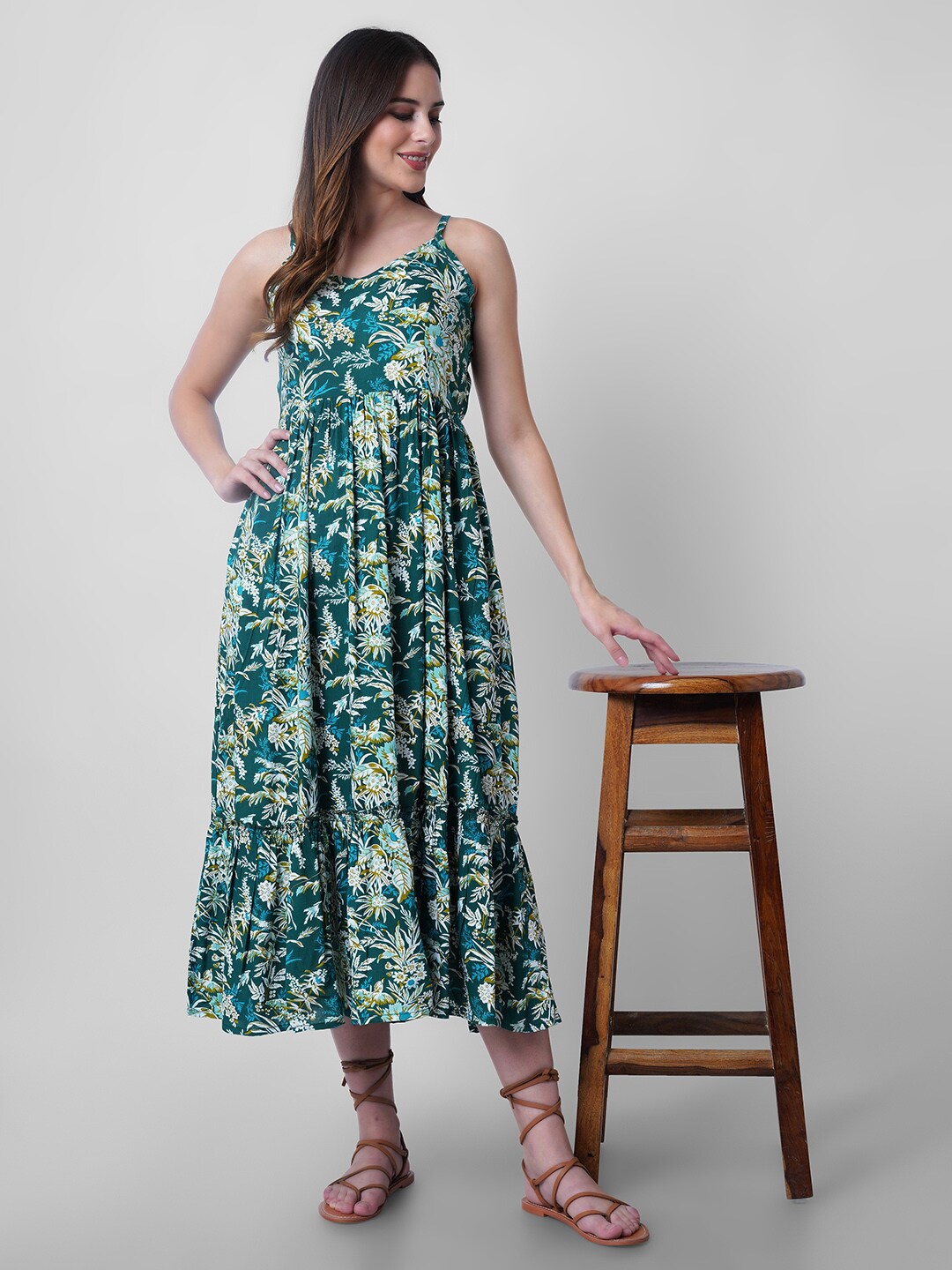 

Mollar Green Women's Rayon Floral Print Fit and Flare A-Line Maxi Dress