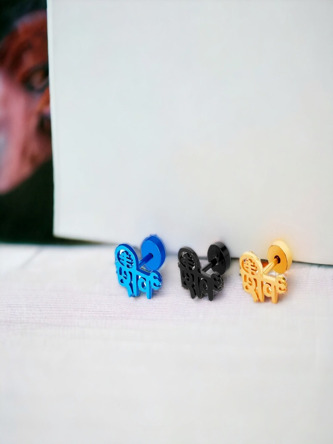 

Goldnera Blue,Black & Gold-Toned Shiv Hindi Letters Studs Earrings