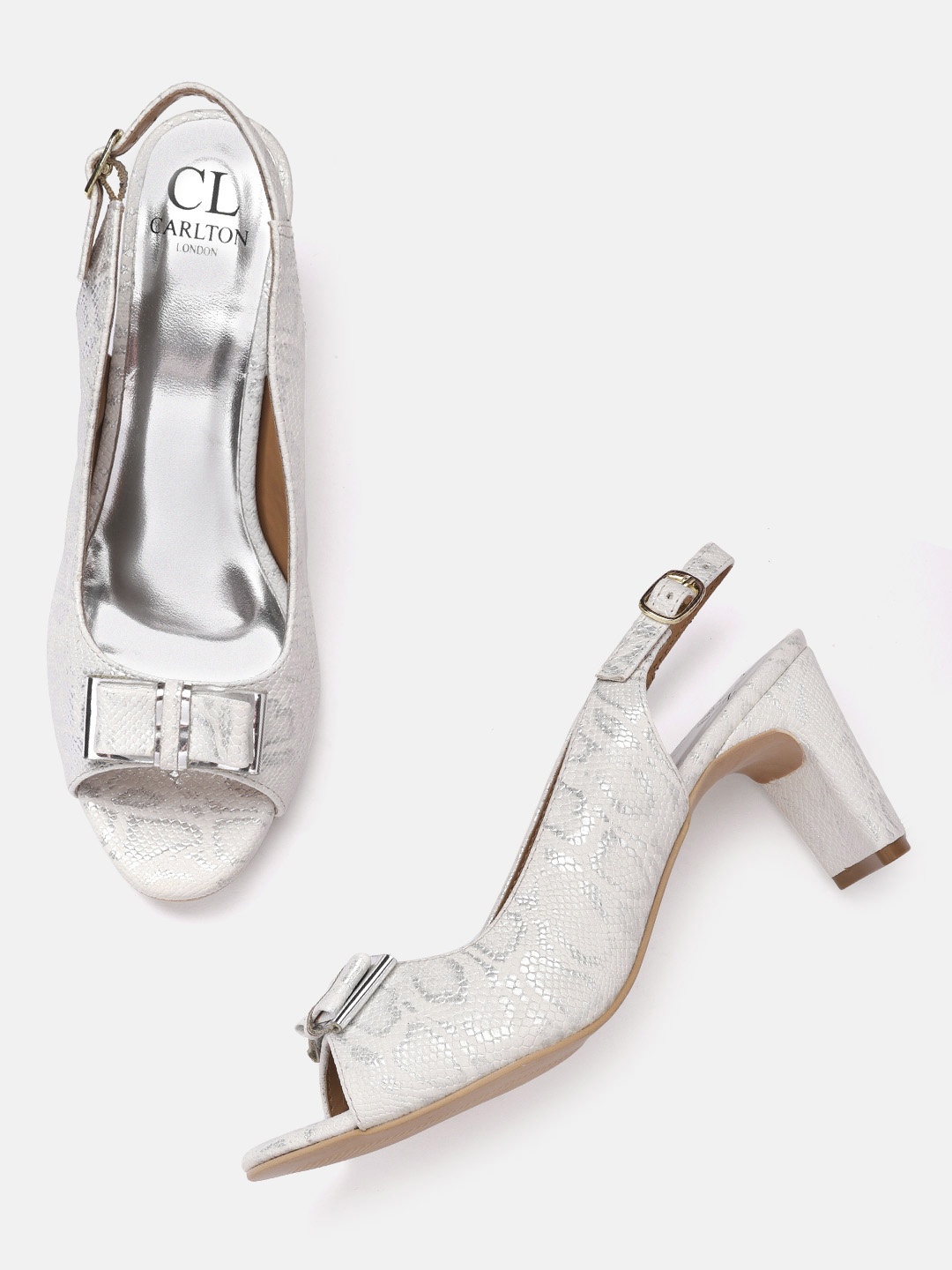 

Carlton London Women White & Silver-Toned Snake Skin Textured Block Pumps with Bows