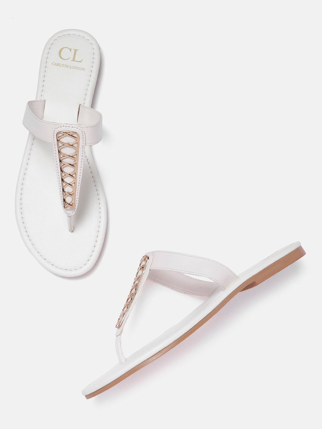 

Carlton London Women White & Gold-Toned T-Strap Flats