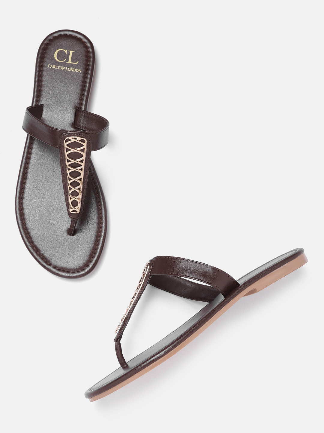 

Carlton London Women Coffee Brown & Gold-Toned T-Strap Flats