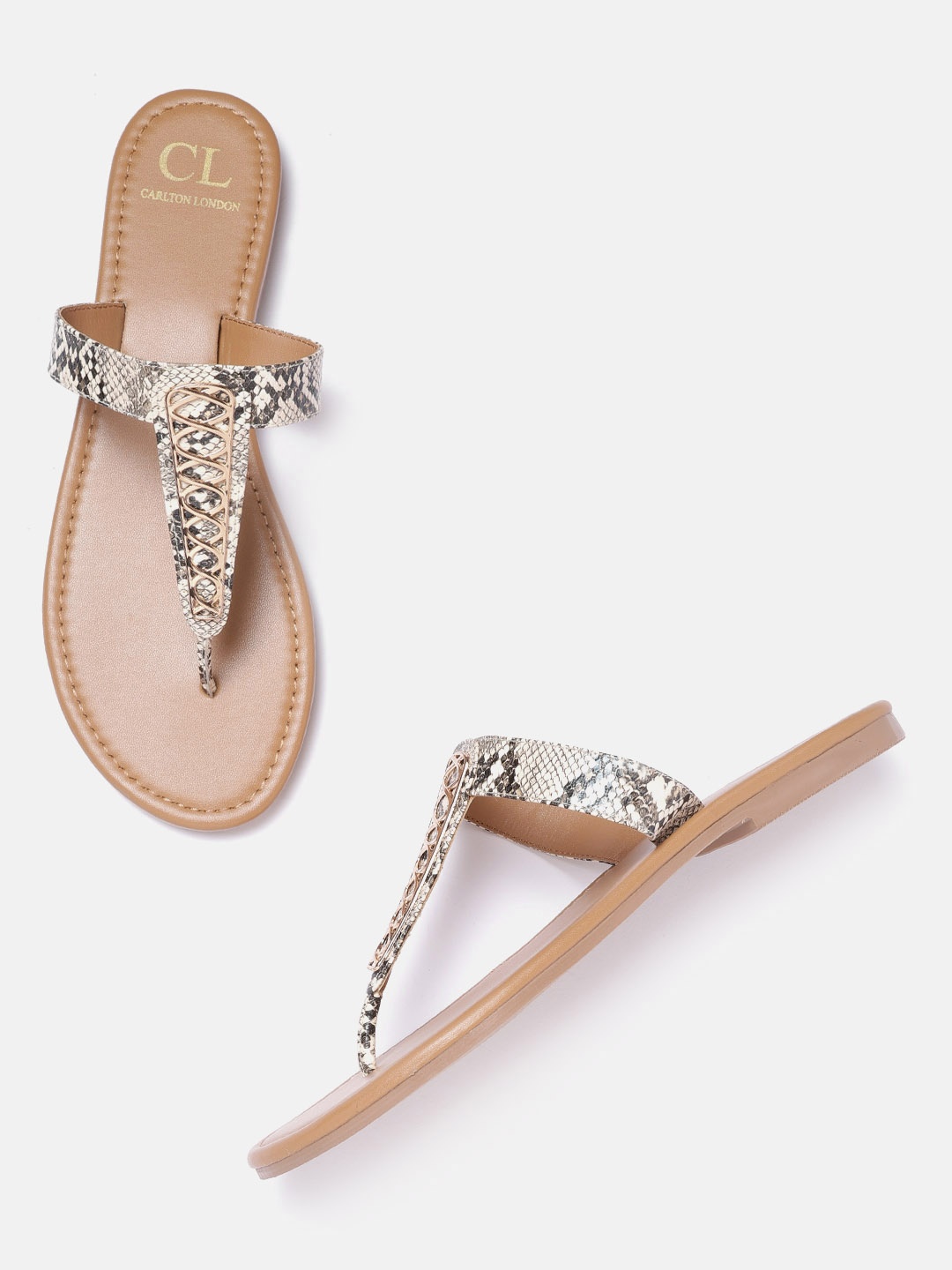 

Carlton London Women Beige & Brown Snake Skin Textured T-Strap Flats