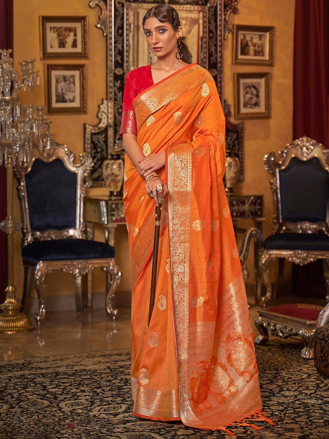 

Mitera Orange & Gold-Toned Woven Design Zari Silk Blend Banarasi Saree