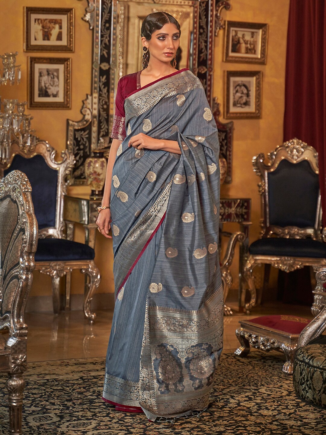 

Mitera Grey & Maroon Paisley Zari Silk Blend Banarasi Saree
