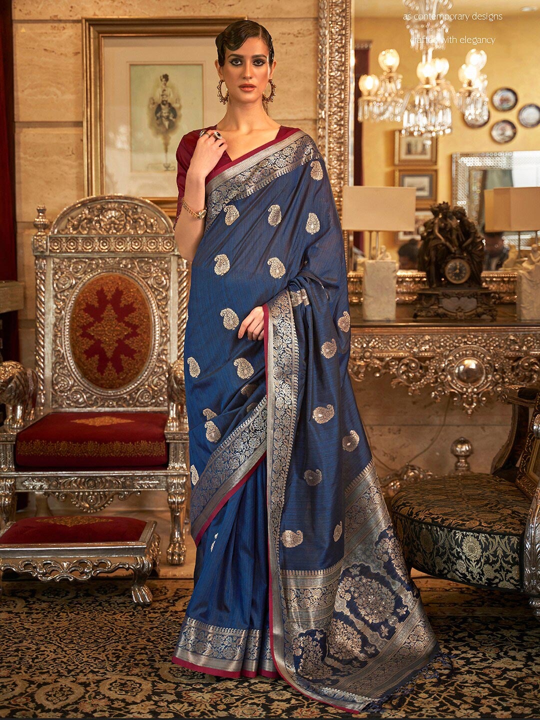 

Mitera Navy Blue Paisley Zari Silk Blend Banarasi Saree