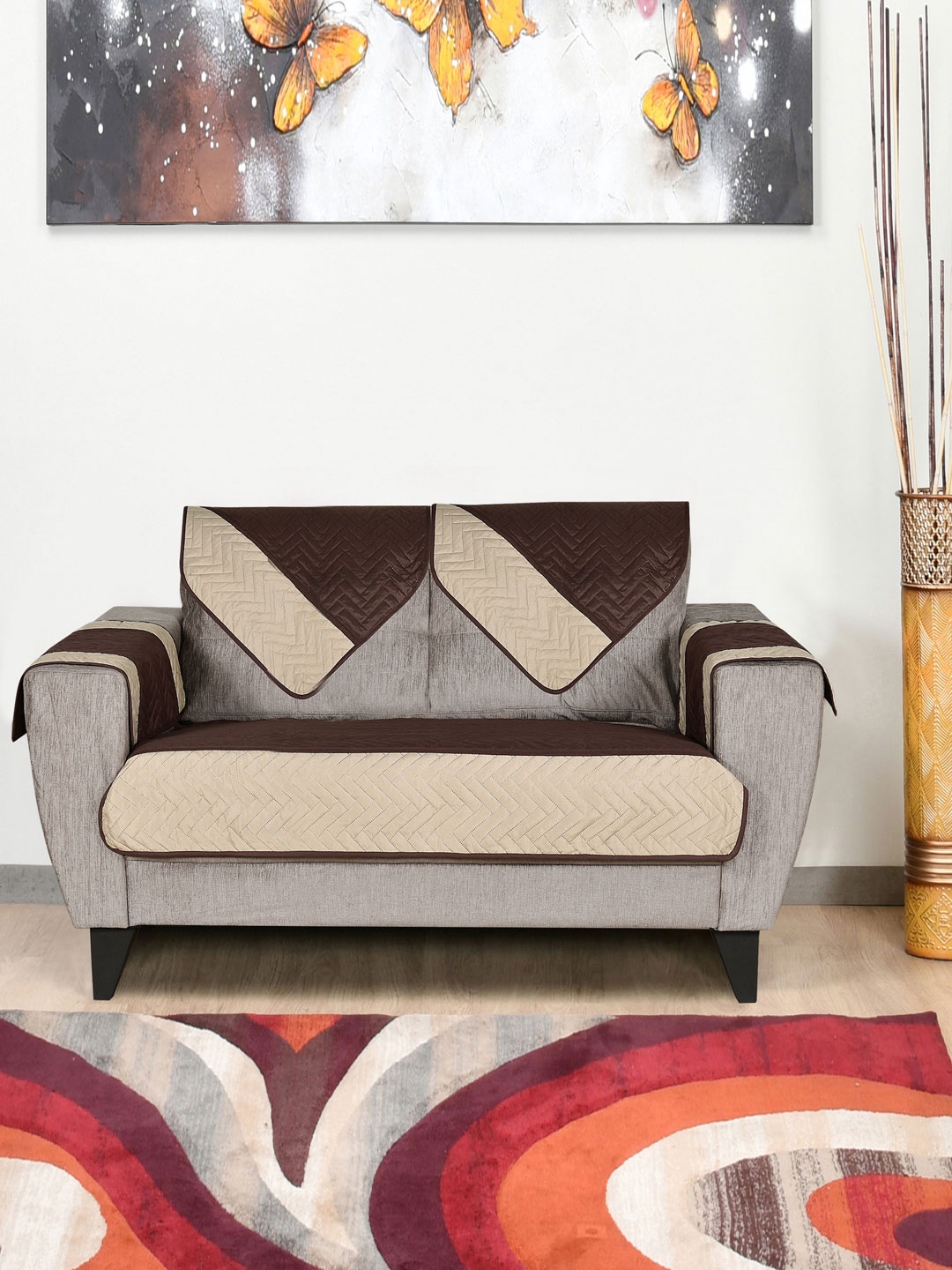 

Athome by Nilkamal Beige & Brown Colorblocked Elegance Reversible 2 Seater Sofa Cover