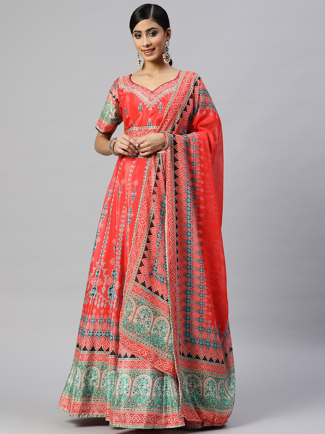 

Readiprint Fashions Red & Green Printed Semi-Stitched Lehenga & Unstitched Blouse With Dupatta