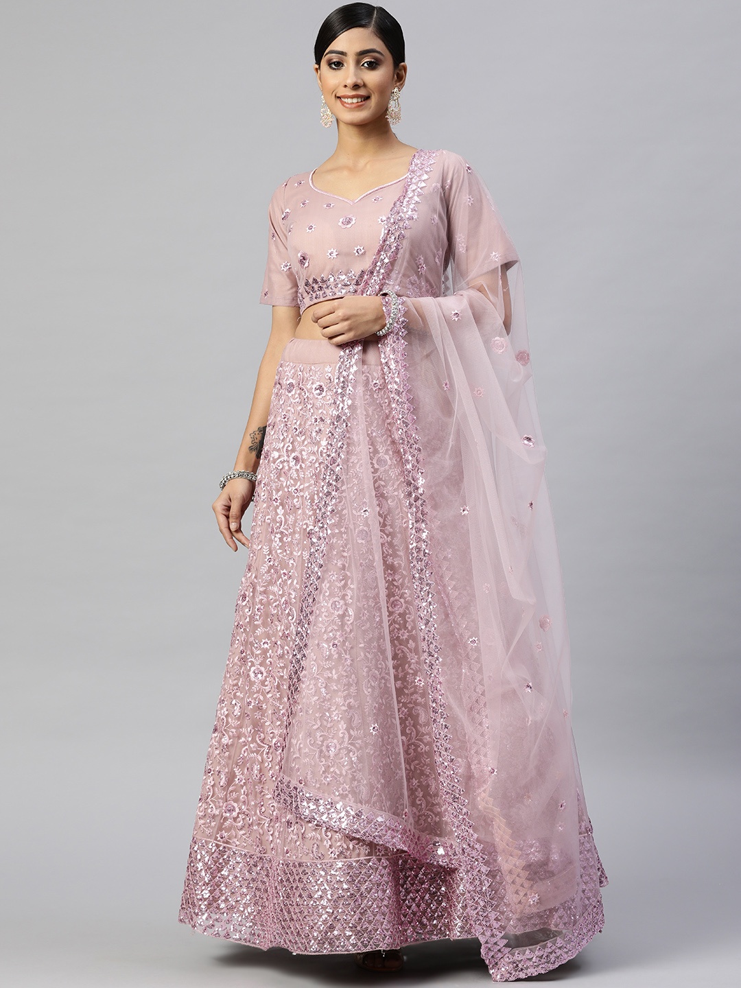 

Readiprint Fashions Mauve Embroidered Sequinned Semi-Stitched Lehenga Set