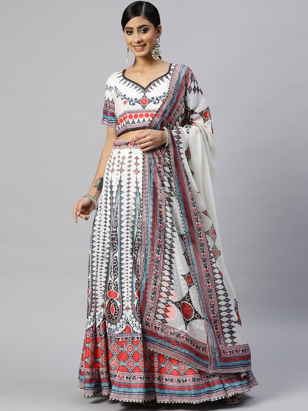 

Readiprint Fashions White & Red Printed Semi-Stitched Lehenga Set