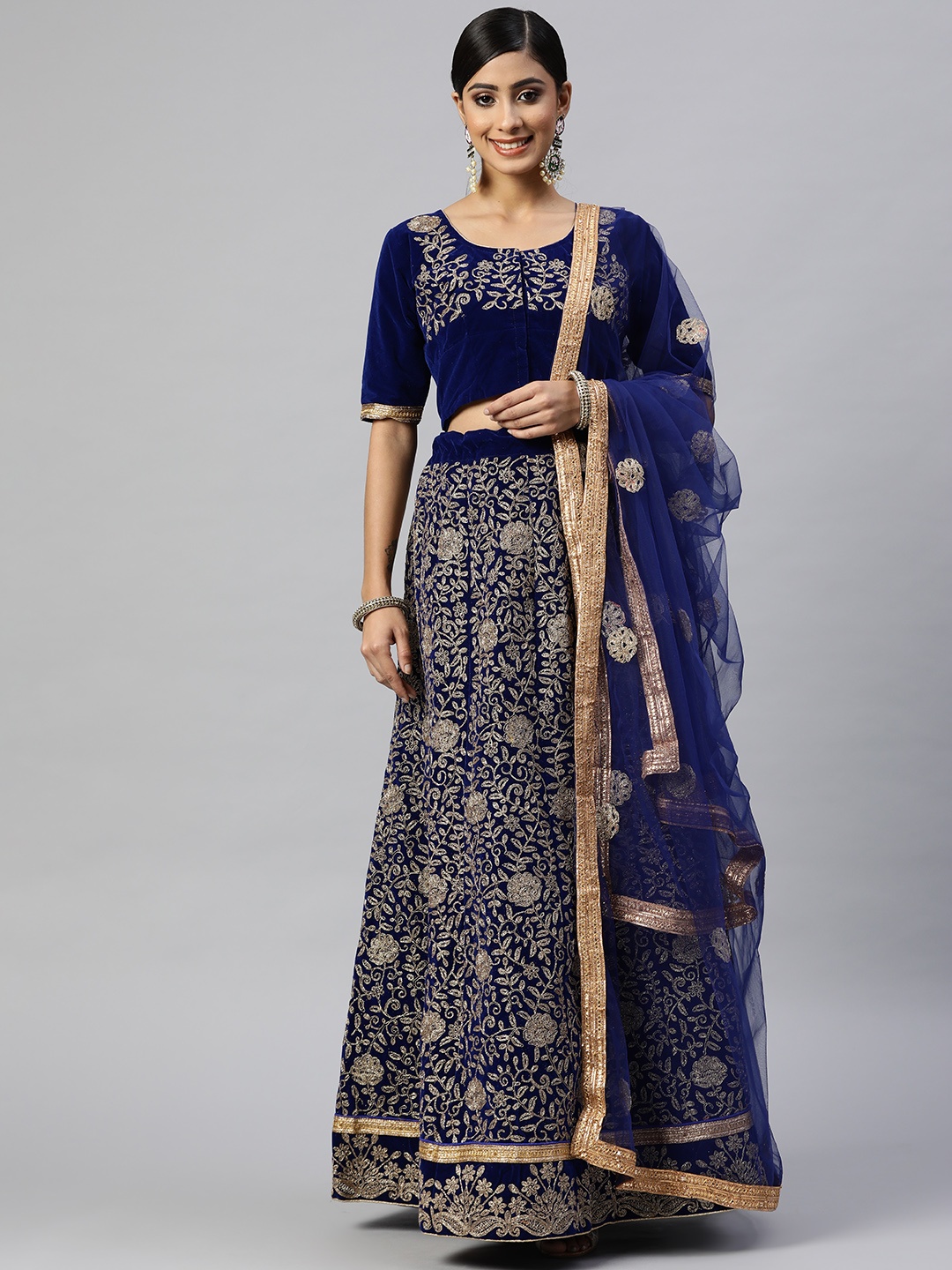 

Readiprint Fashions Blue & Golden Embroidered Semi-Stitched Lehenga Set