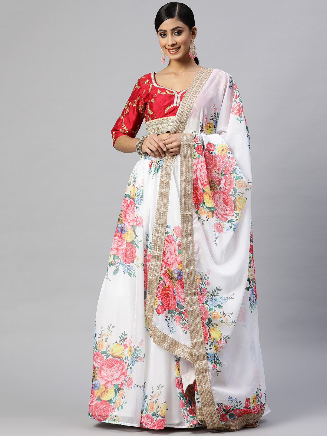 

Readiprint Fashions White & Pink Embroidered Sequinned Semi-Stitched Lehenga Set