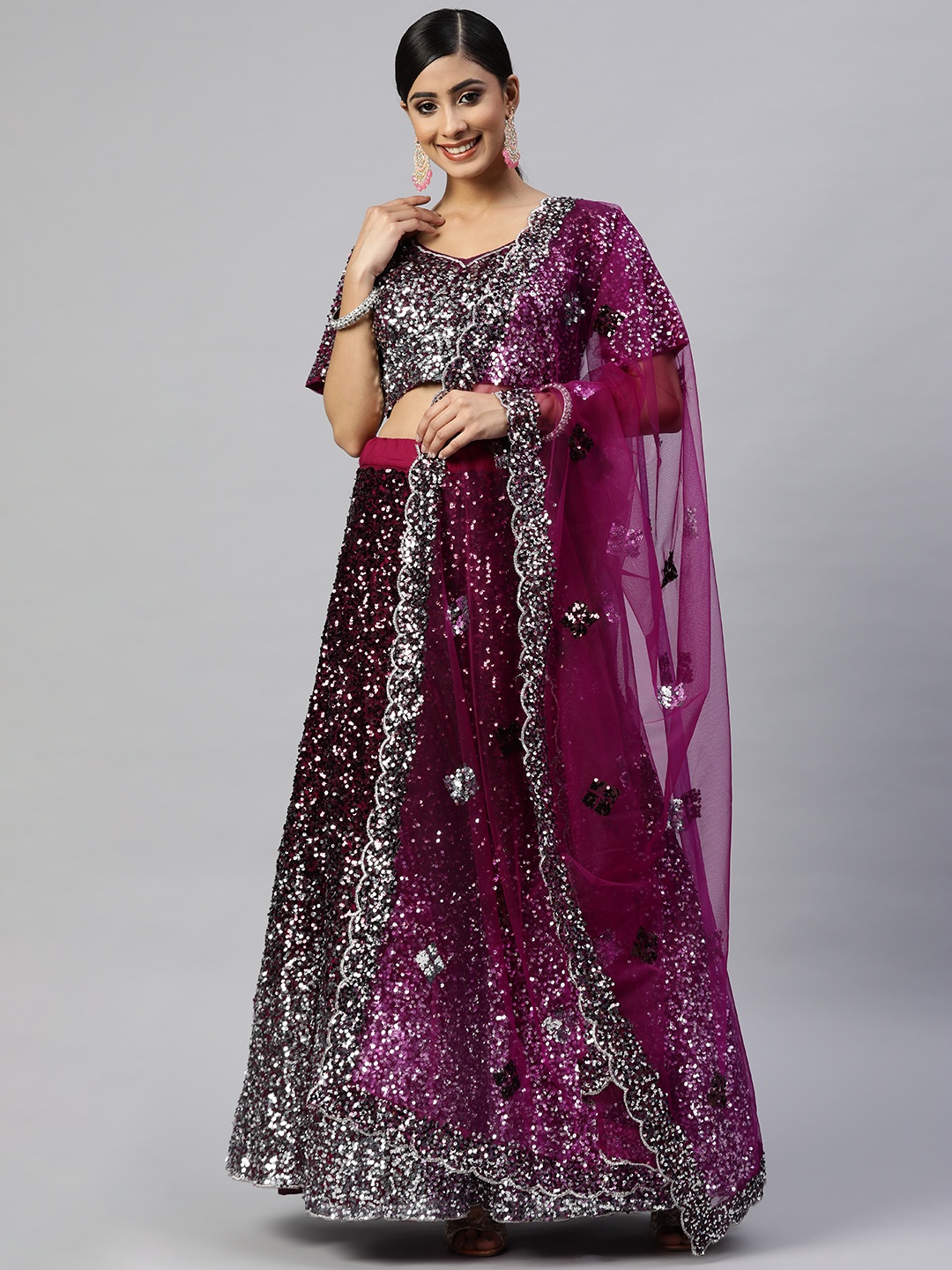 

Readiprint Fashions Magenta & Silver-Toned Embellished Sequinned Semi-Stitched Lehenga Set