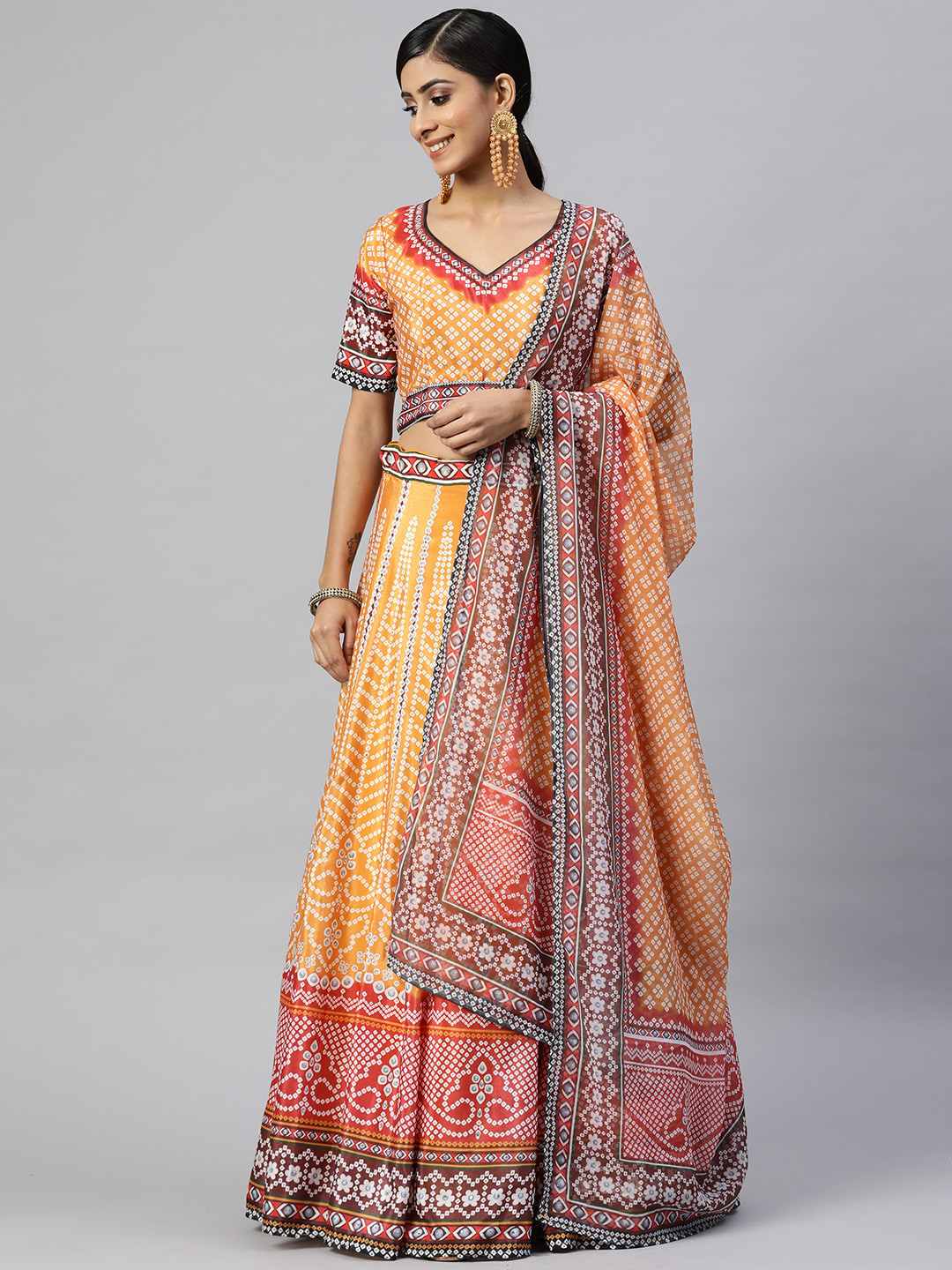 

Readiprint Fashions Yellow & White Printed Semi-Stitched Lehenga & Unstitched Blouse With Dupatta