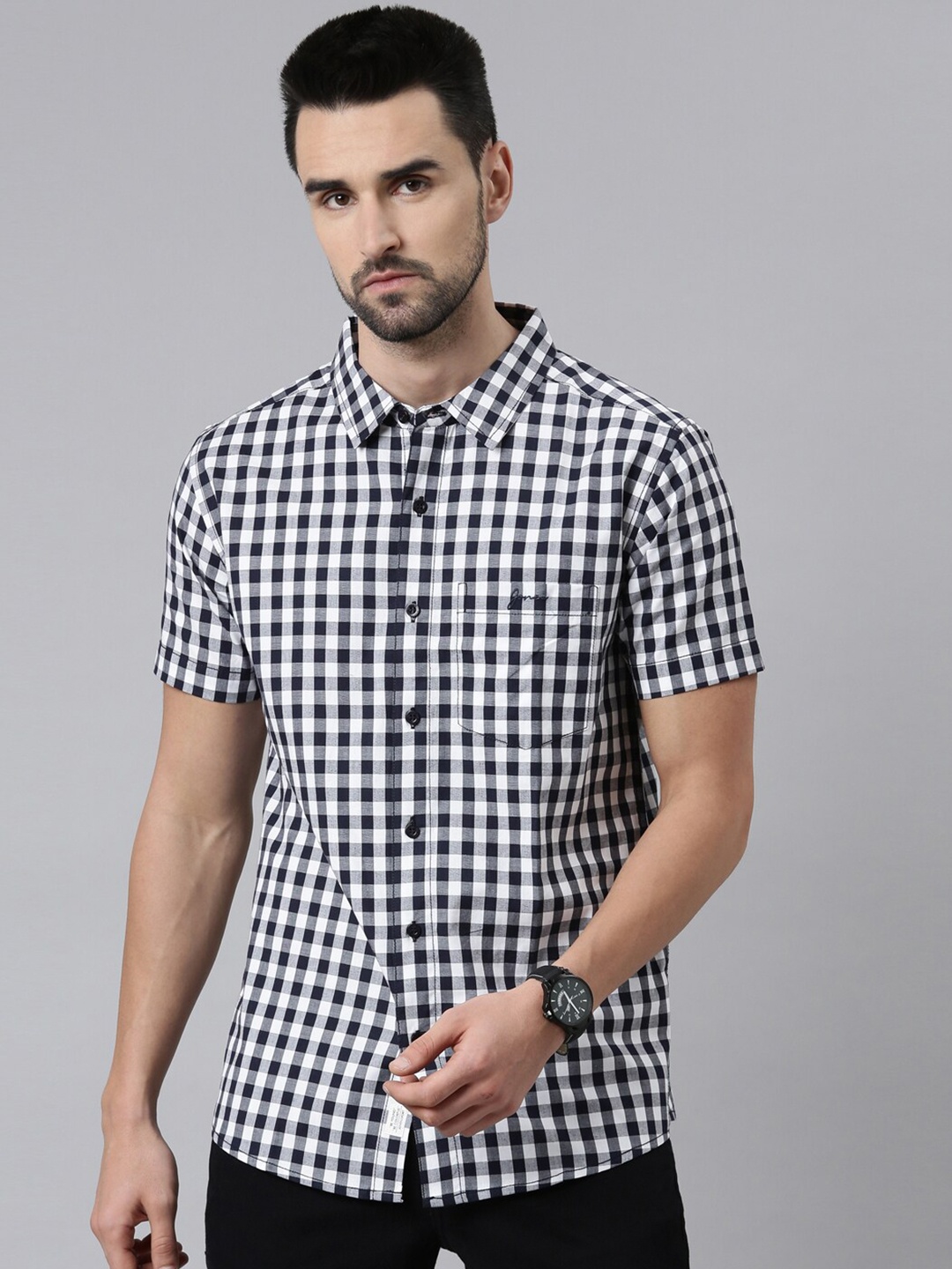 

Joven Men Navy Blue Comfort Gingham Checks Checked Pure Cotton Casual Shirt