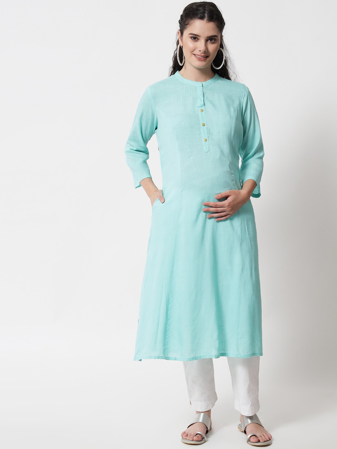 

Aujjessa Women Sea Green Thread Work Maternity Kurta