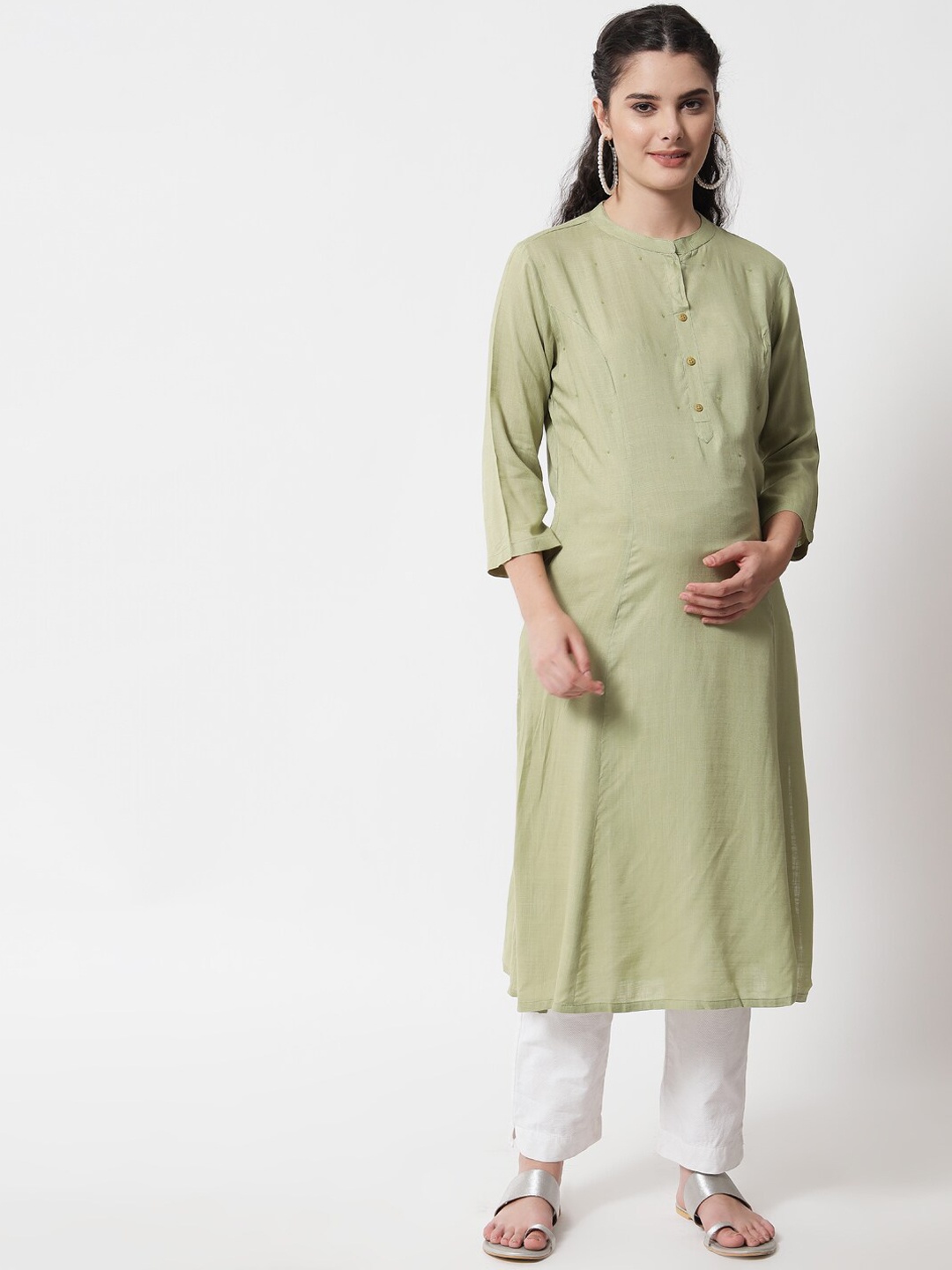 

Aujjessa Women Pista Green A-Line Pocket Maternity Kurta
