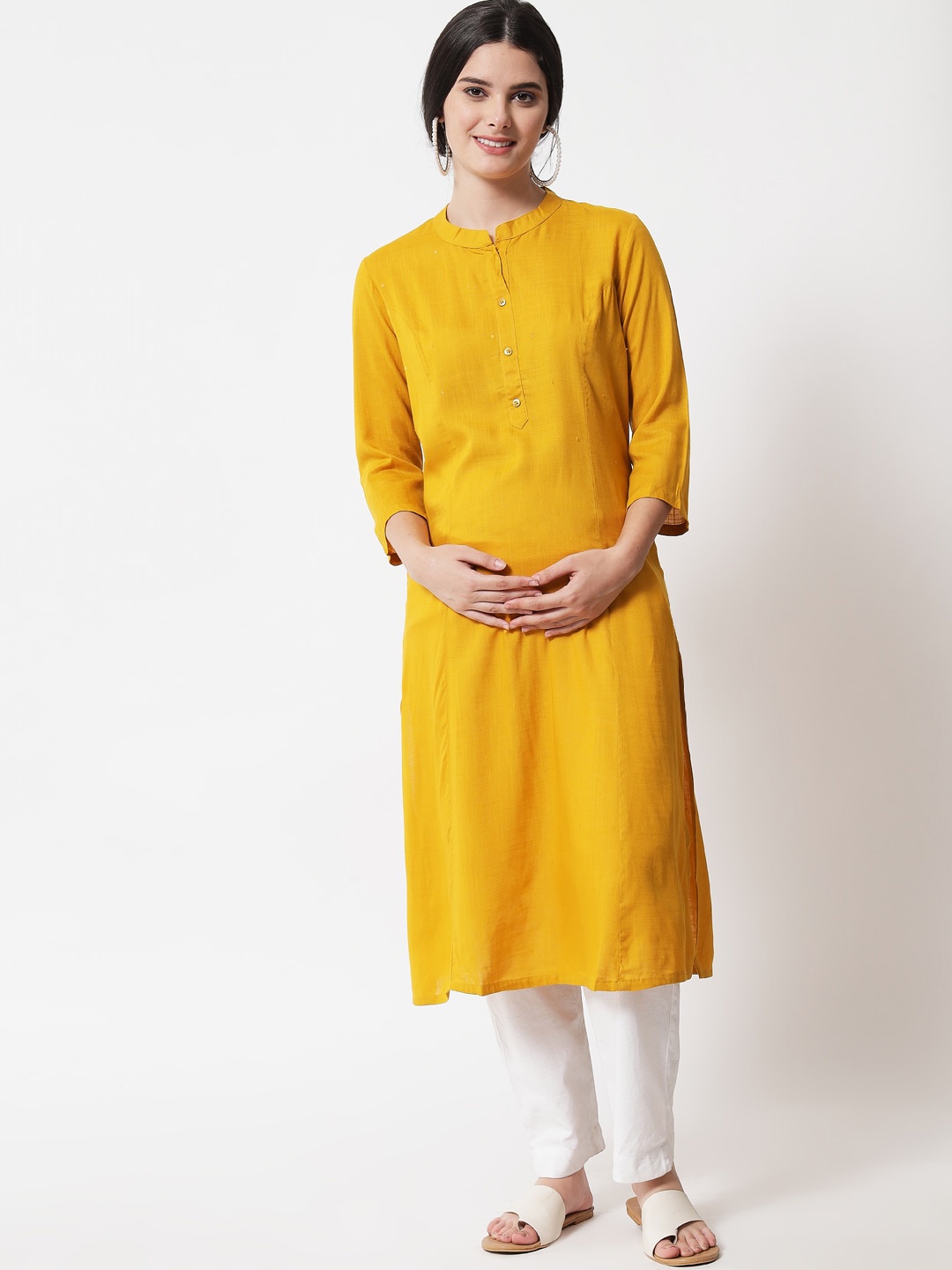 

Aujjessa Women Mustard Yellow A-Line Pocket Maternity Kurta