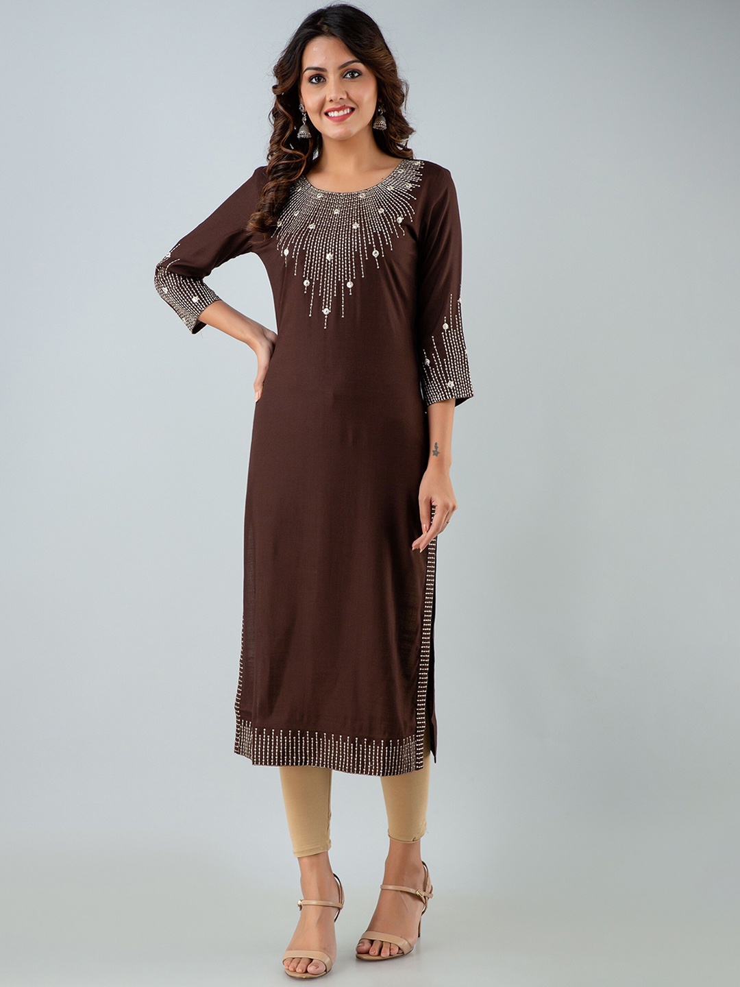 

Charu Women Brown Mirror Work Embroidered Rayon Straight Kurtas