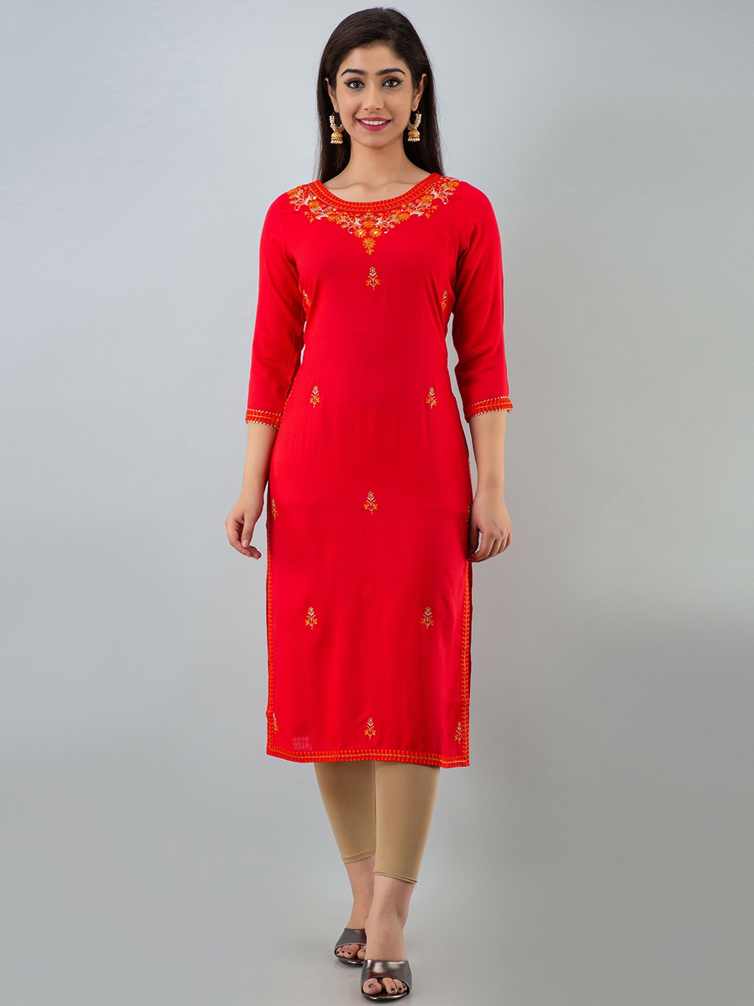 

Charu Women Red & Yellow Embroidered Straight Kurta