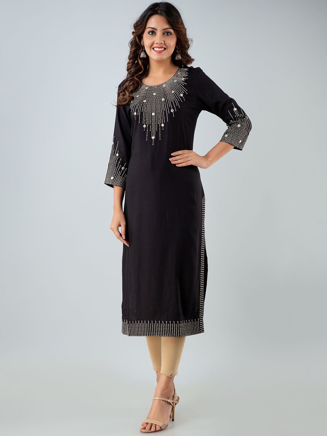 

Charu Women Black Ethnic Motifs Embroidered Mirror Work Straight Kurta