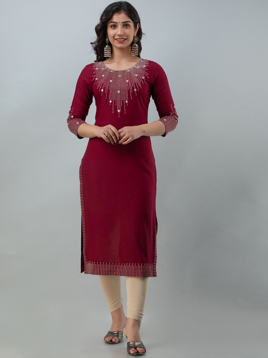 

Charu Women Maroon Quirky Yoke Design Mirror Work Kurta
