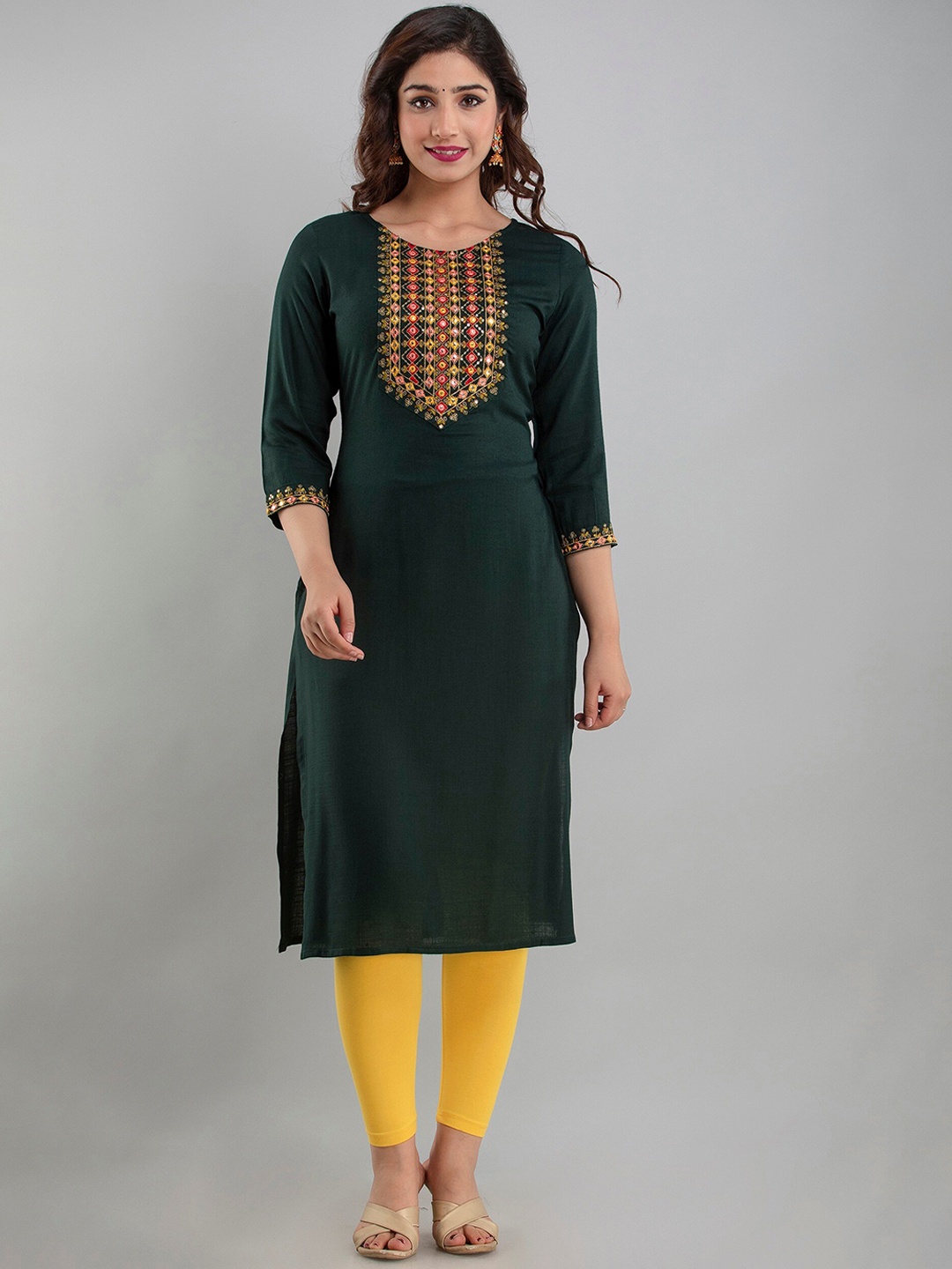 

Charu Women Green Yoke Design Rayon Thread Work Kurta