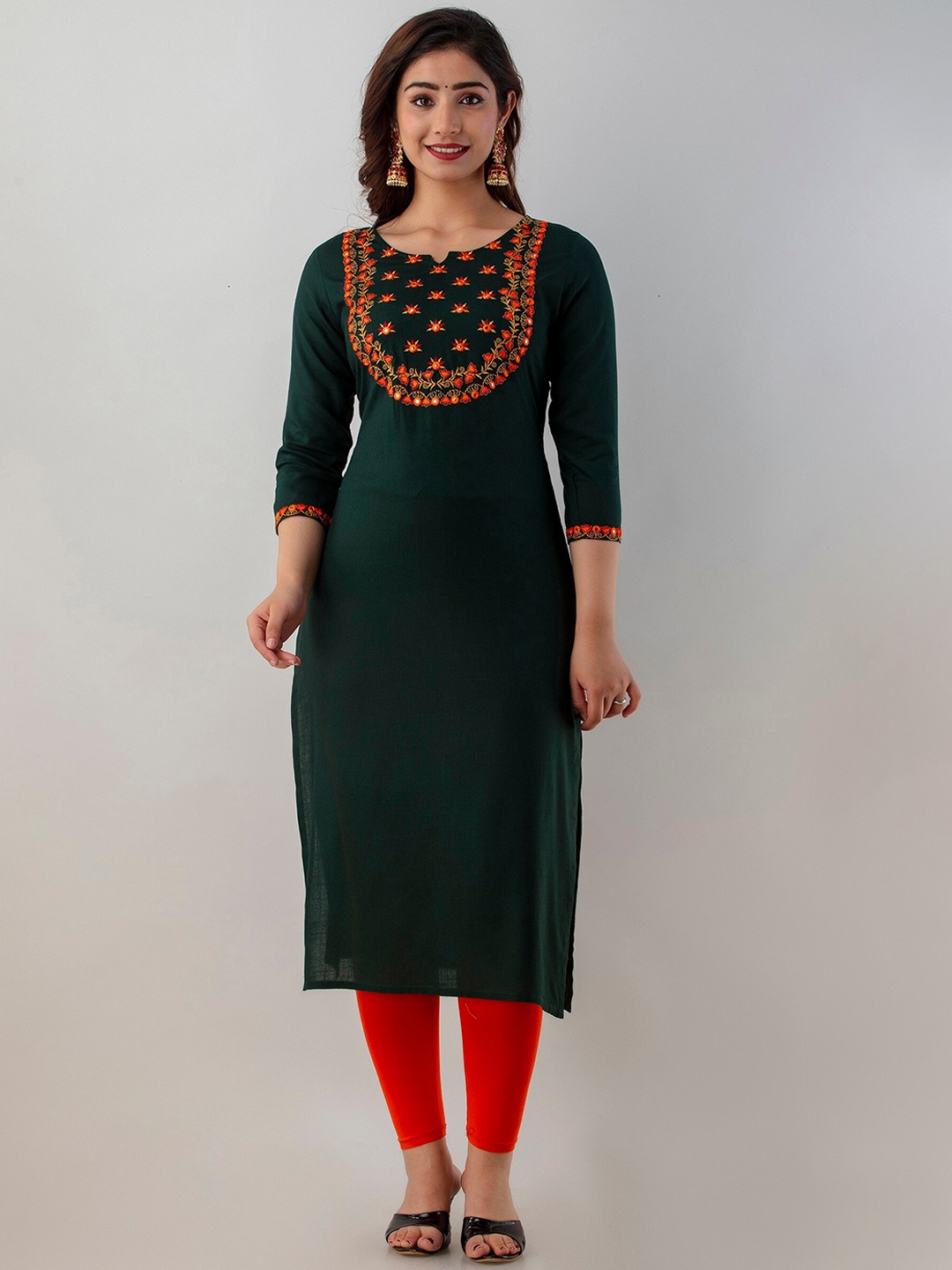 

Charu Women Green & Orange Floral Yoke Design Kurta