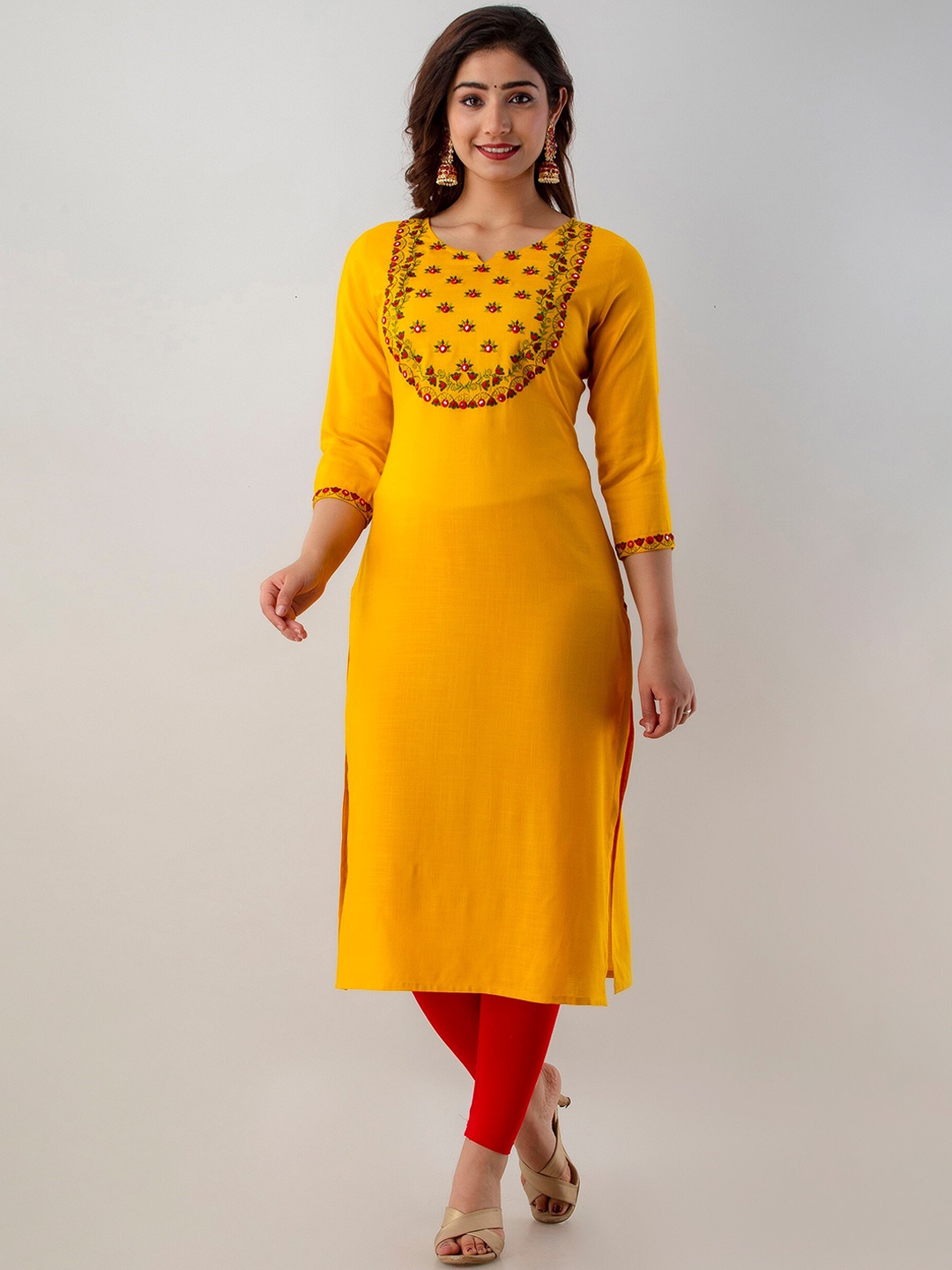 

Charu Women Mustard Yellow Floral Embroidered Kurta