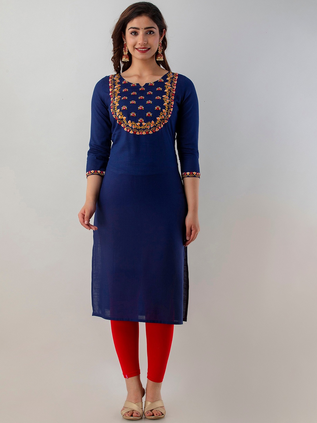

Charu Women Navy Blue & Yellow Floral Yoke Design Thread Work Kurta
