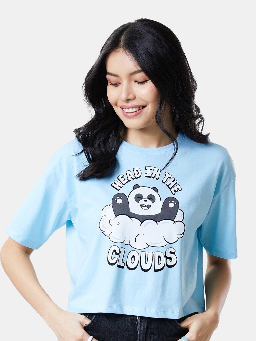 

The Souled Store Women Blue Kung Fu Panda Head In The Clouds Print Oversized Crop T-Shirt