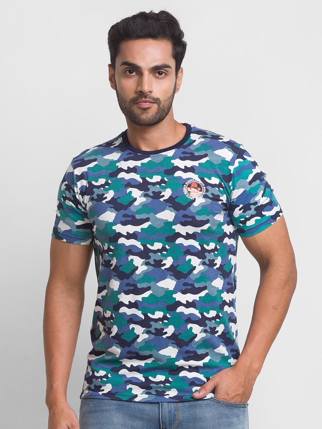 

Globus Men Green & patriot blue Camouflage Printed T-shirt