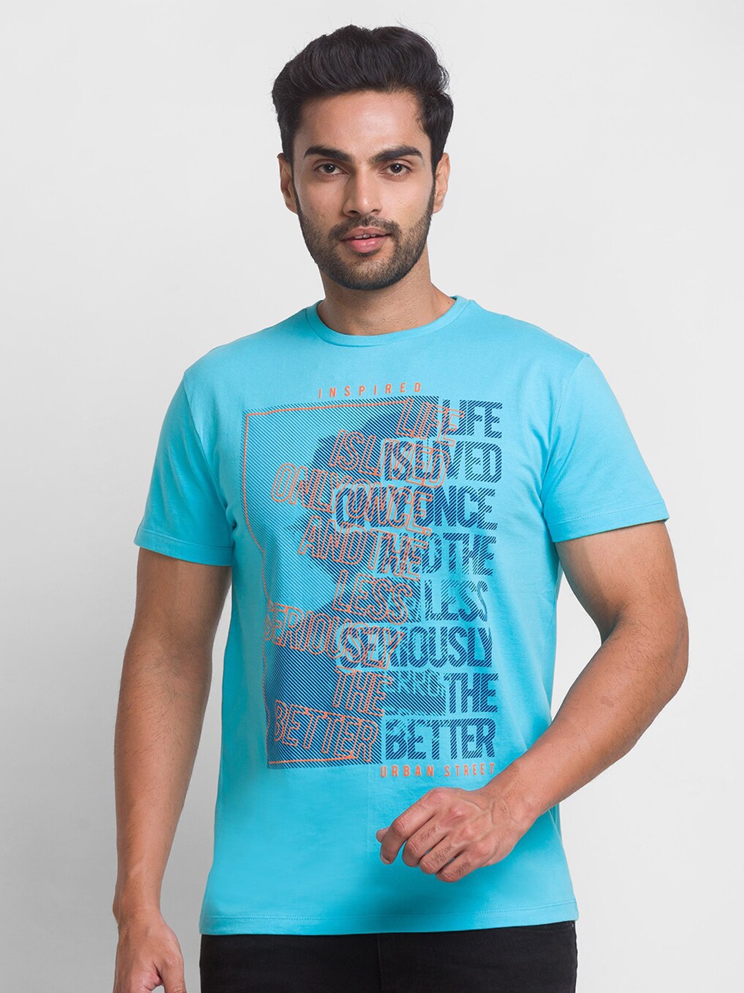 

Globus Men Turquoise Blue Printed Applique T-shirt