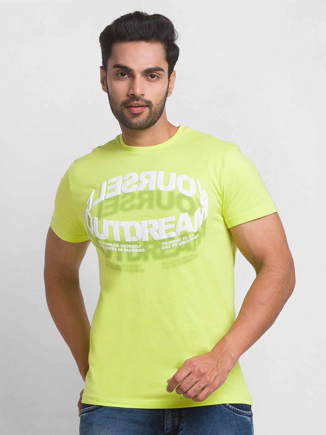 

Globus Men Lime Green & White Typography Printed Applique Pure Cotton T-shirt
