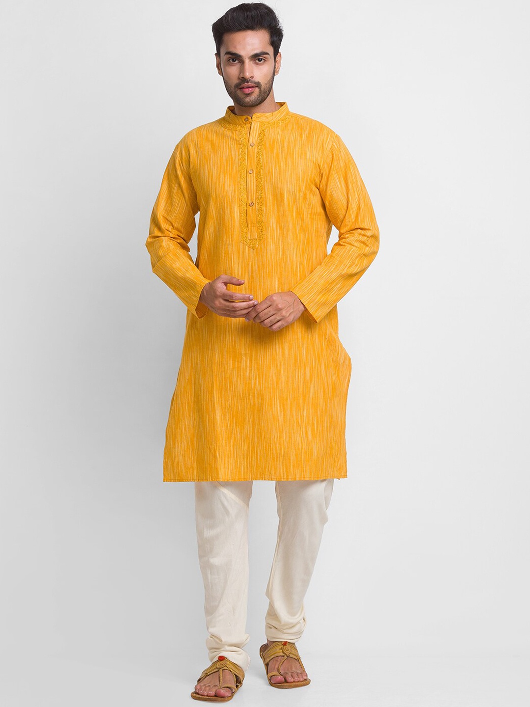 

Globus Men Mustard Yellow Thread Work Kurta