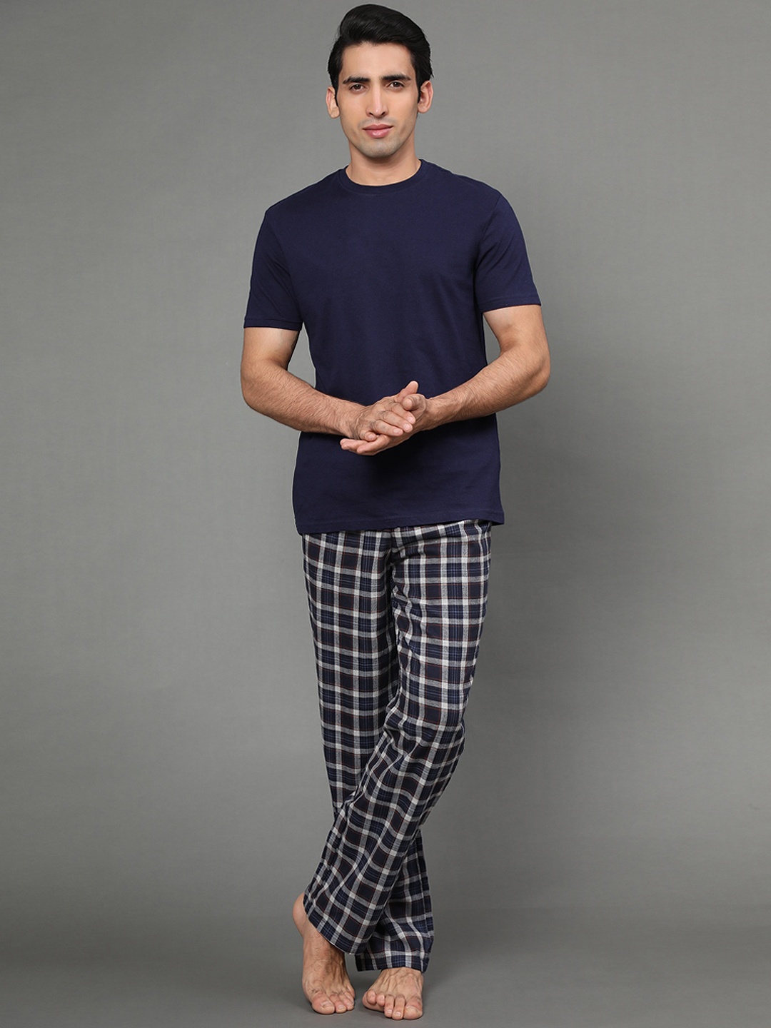 

BStories Men Navy Blue & Grey Pure Cotton Night suit